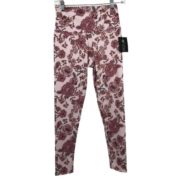 New Onzie Pink Floral Leggings Womens Small Medium High Rise Blush - Picture 1 of 7